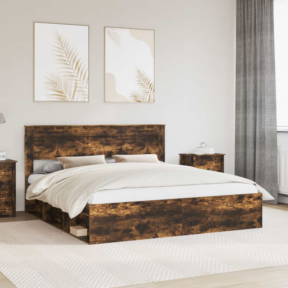 vidaXL Sängram med huvudgavel Rökt ek 200 x 200 cm Massiv furu
