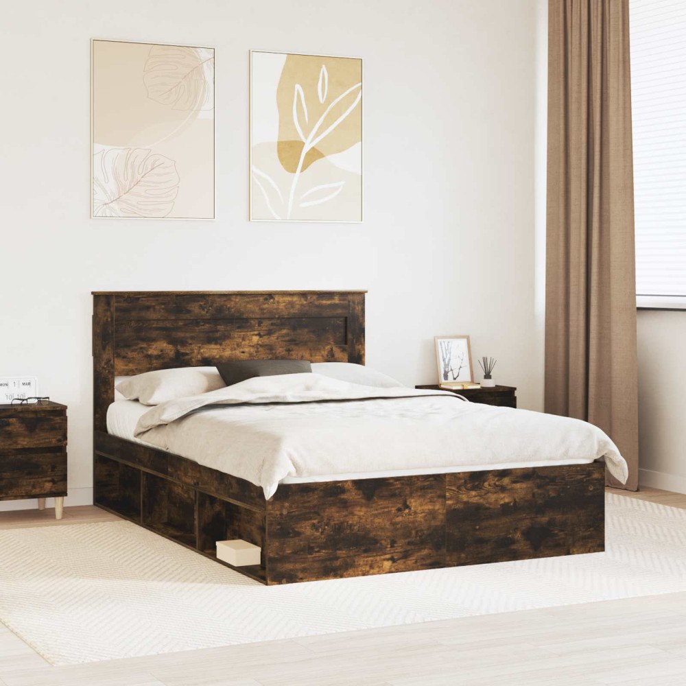 vidaXL Sängram med huvudgavel Rökt ek 150 x 200 cm Massiv furu