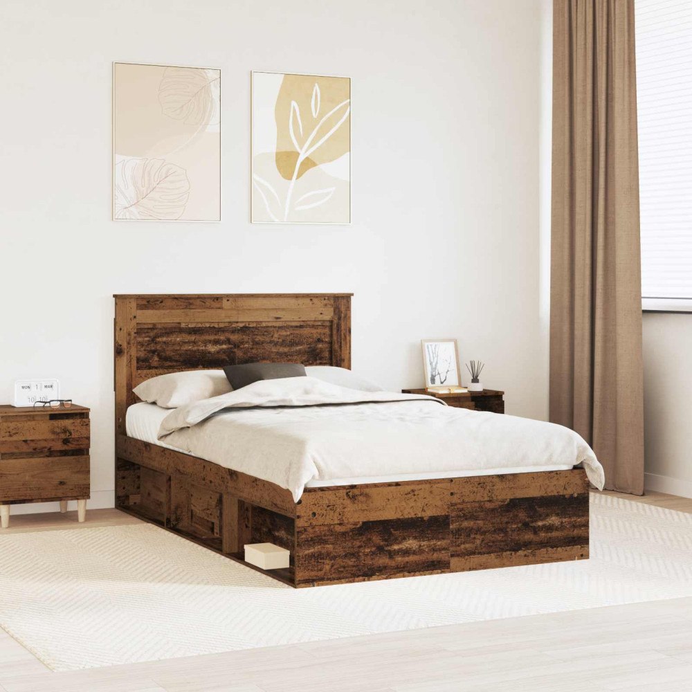 vidaXL Sängram med huvudgavel Gammalt trä 120 x 200 cm Massiv furu