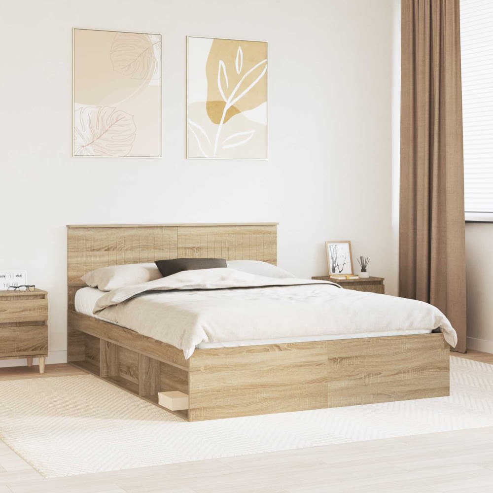vidaXL Sängram med huvudgavel Sonoma-ek 150 x 200 cm Massiv furu
