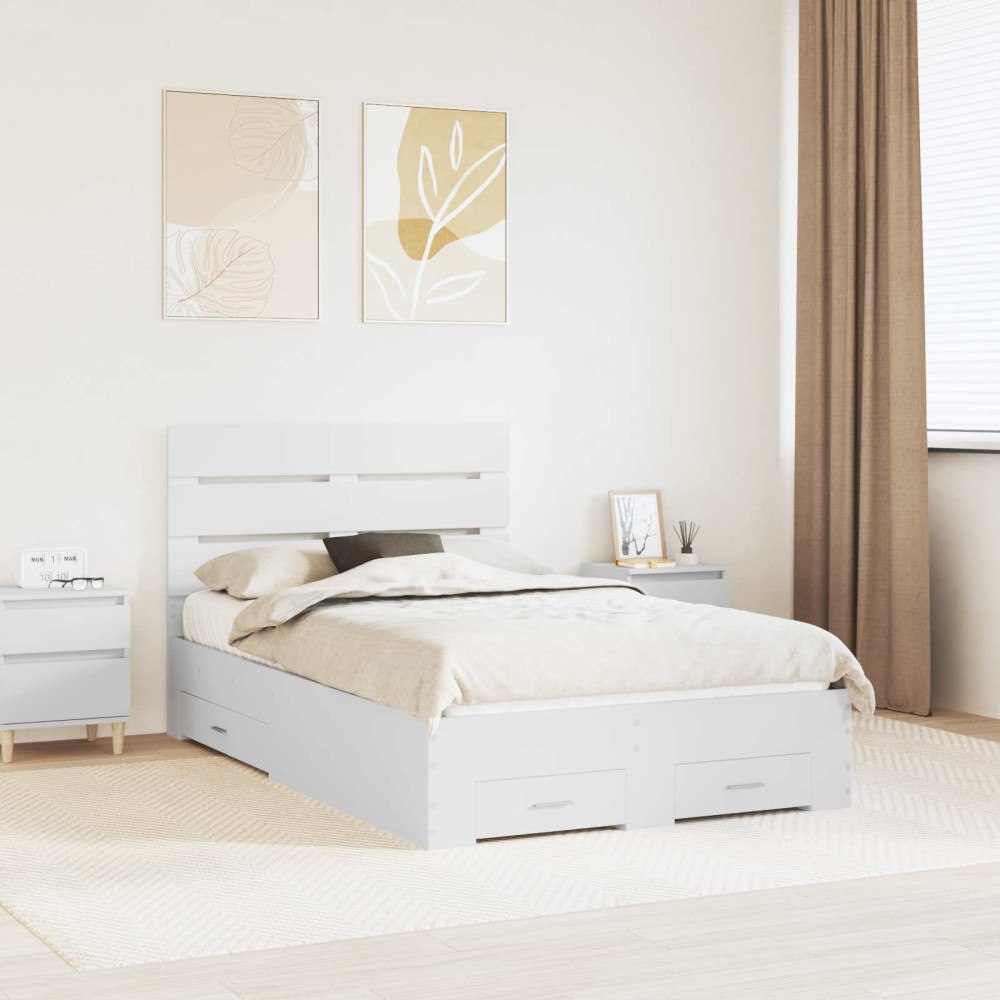 vidaXL Sängram med låda med lagring Vit 135 x 190 cm Konstruerat trä