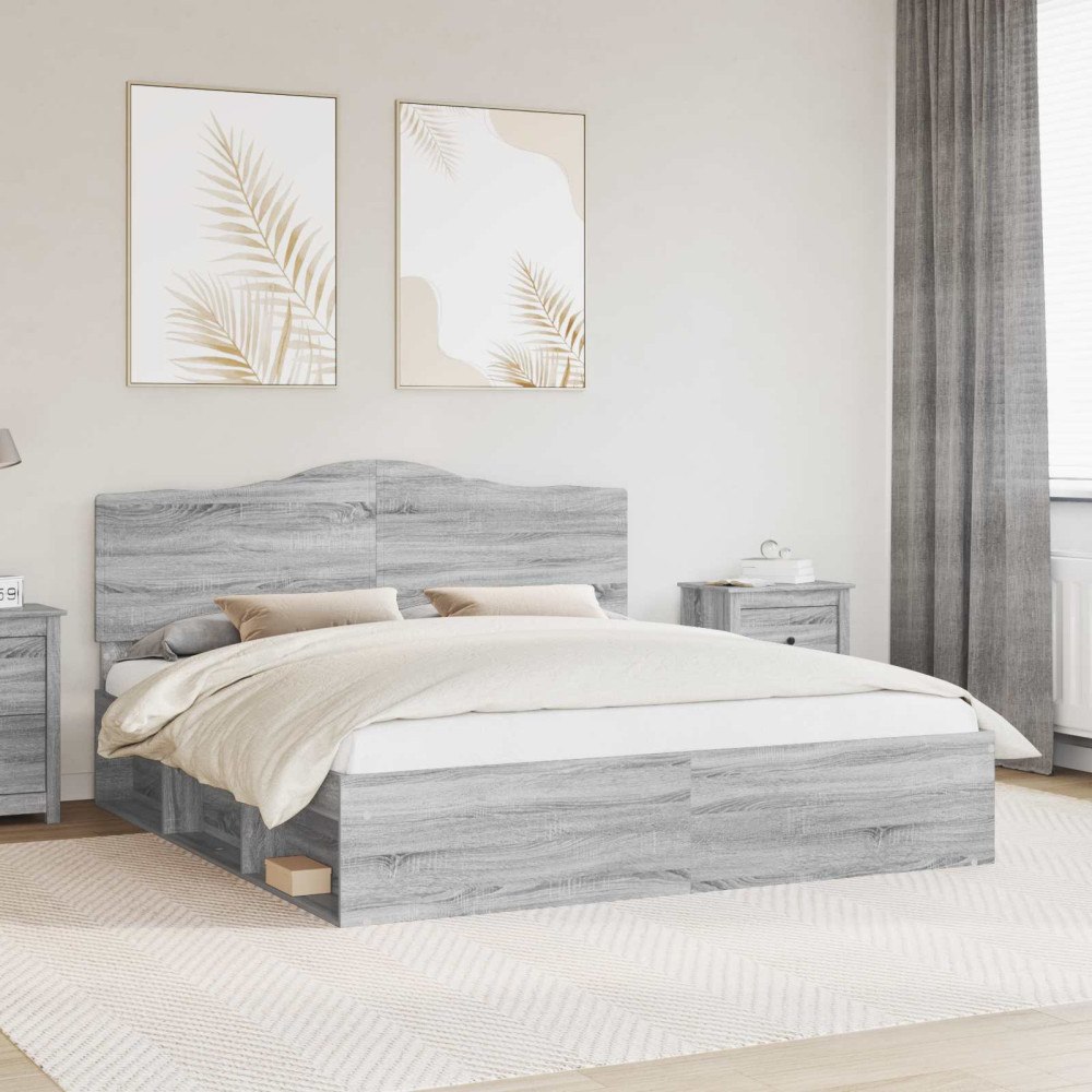 vidaXL Sängram med huvudgavel Grå Sonoma 180 x 200 cm Massiv furu