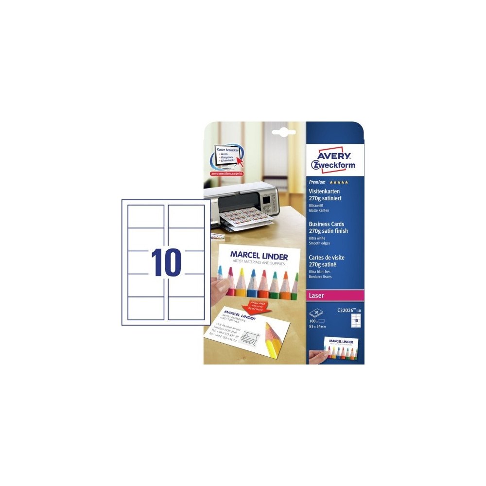 AVERY Avery Quick&Clean C32026-10 - visitkort - matt - 100 kort - 54 x 85 mm - 270 g/m²