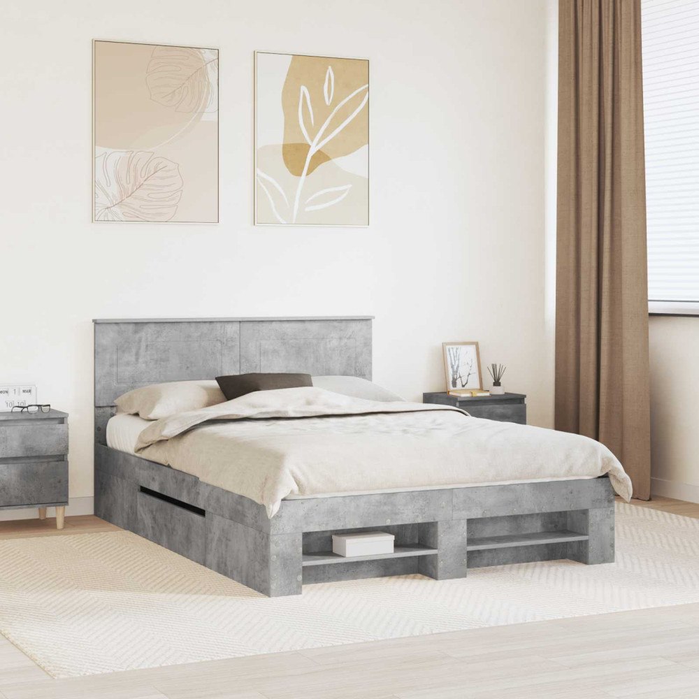 vidaXL Sängram med huvudgavel Betonggrå 160 x 200 cm Konstruerat trä