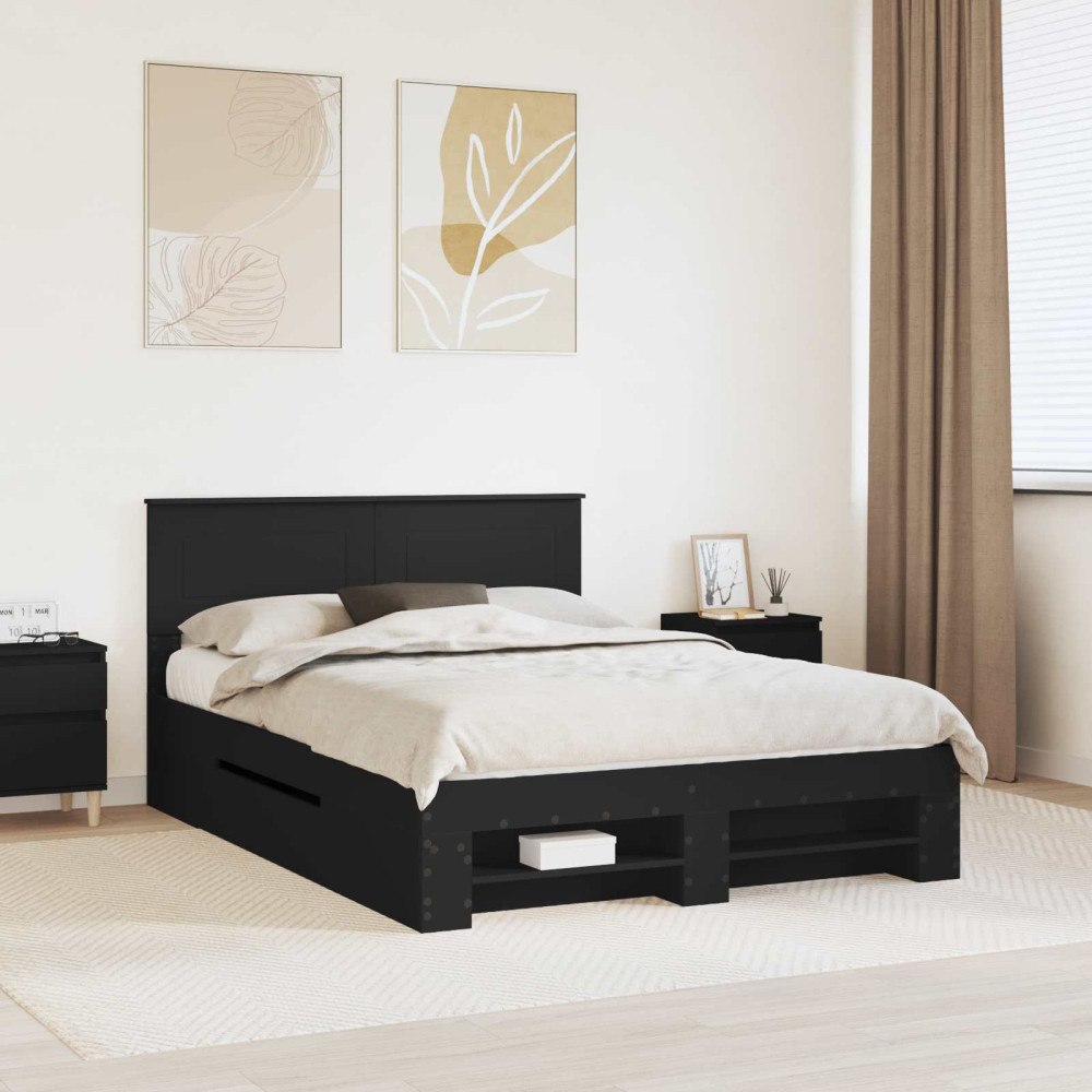 vidaXL Sängram med huvudgavel Svart 140 x 200 cm Konstruerat trä