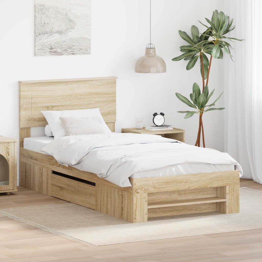 vidaXL Sängram med huvudgavel Sonoma-ek 90 x 200 cm Konstruerat trä