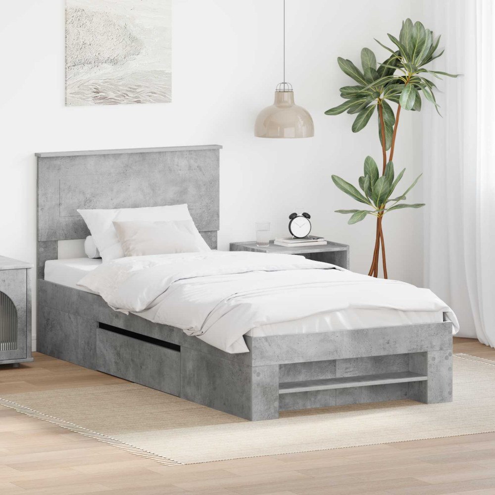 vidaXL Sängram med huvudgavel Betonggrå 90 x 200 cm Konstruerat trä