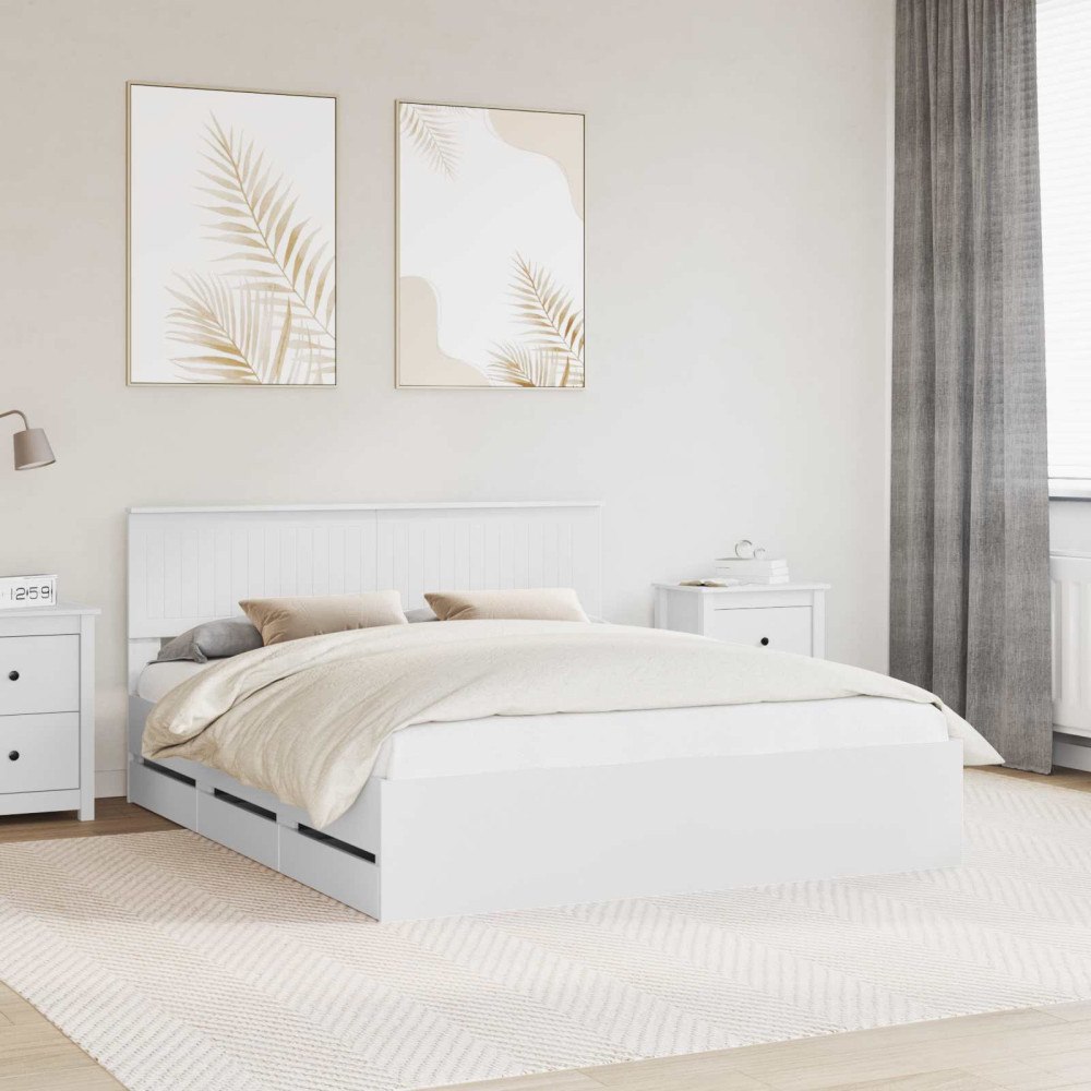 vidaXL Sängram med låda med huvudgavel Vit 160 x 200 cm Ingenjörsträ