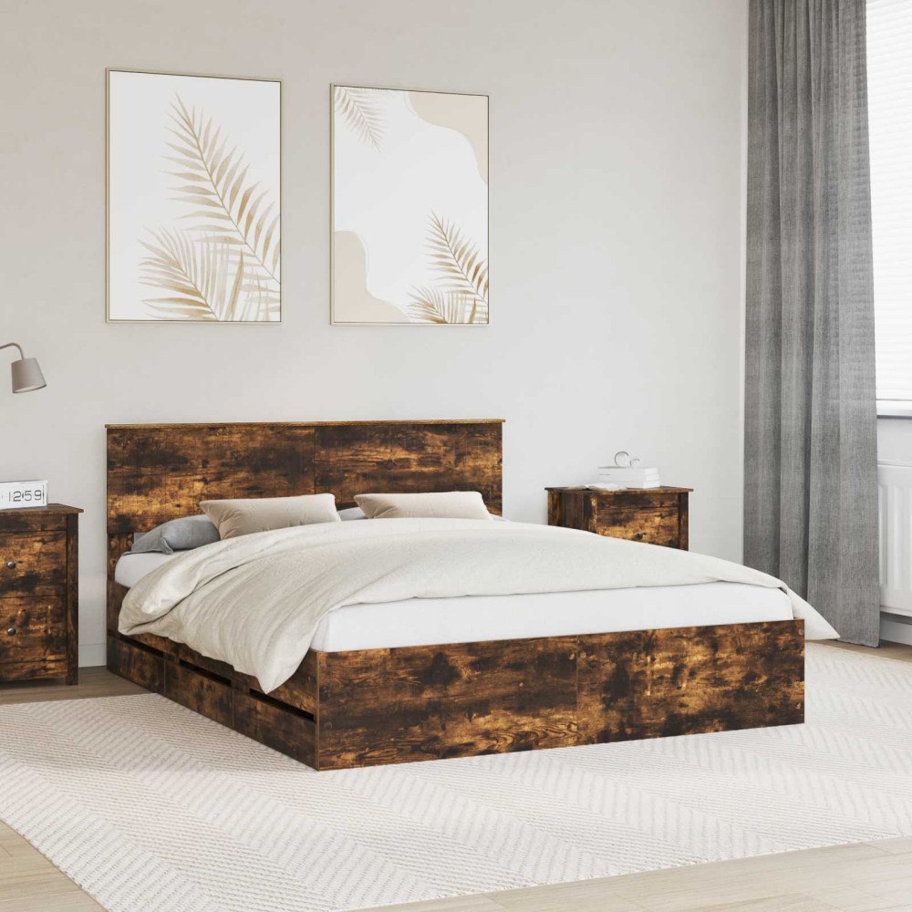 vidaXL Sängram med låda med lagring Rökt ek 160 x 200 cm Ingenjörsträ