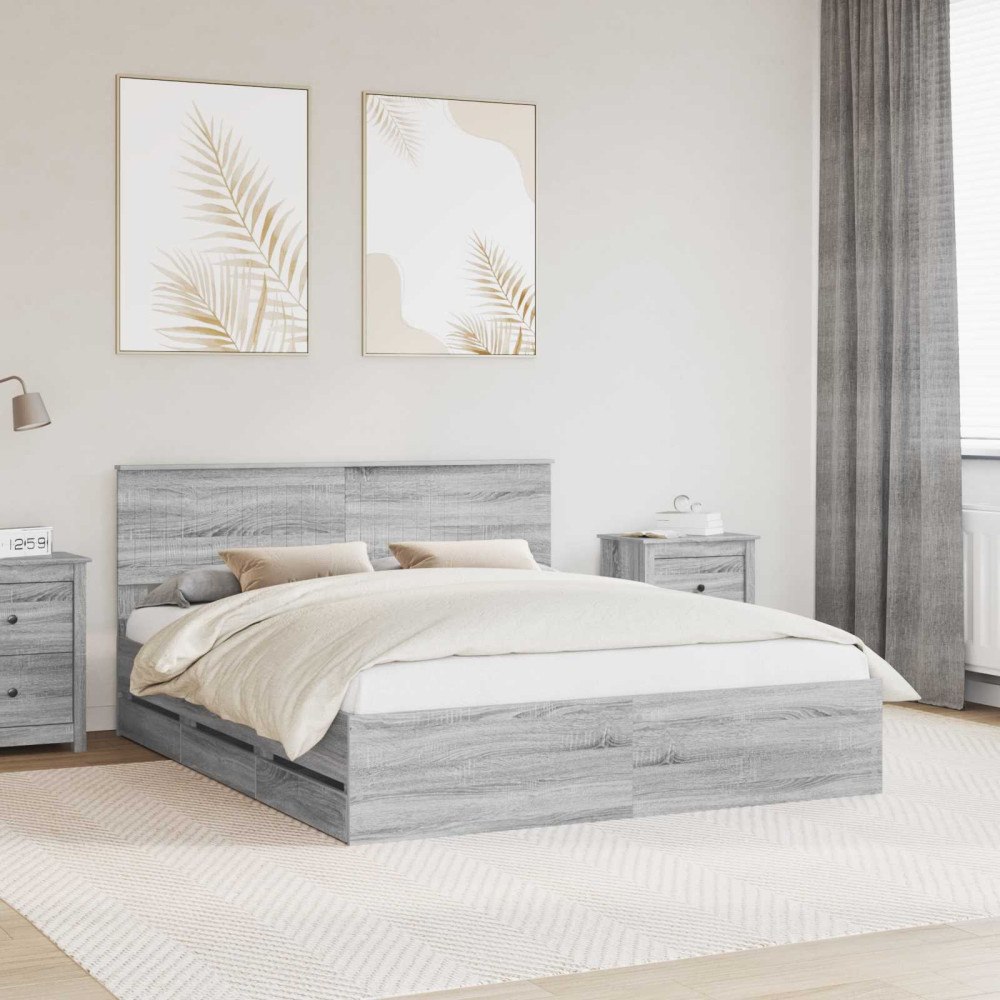 vidaXL Sängram med låda Grå Sonoma 160 x 200 cm Ingenjörsträ
