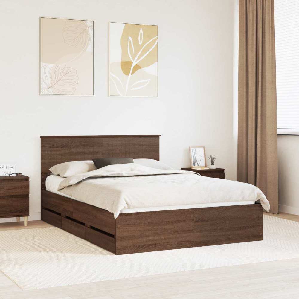 vidaXL Sängram med låda med lagring Brun Ek 140 x 200 cm Ingenjörsträ