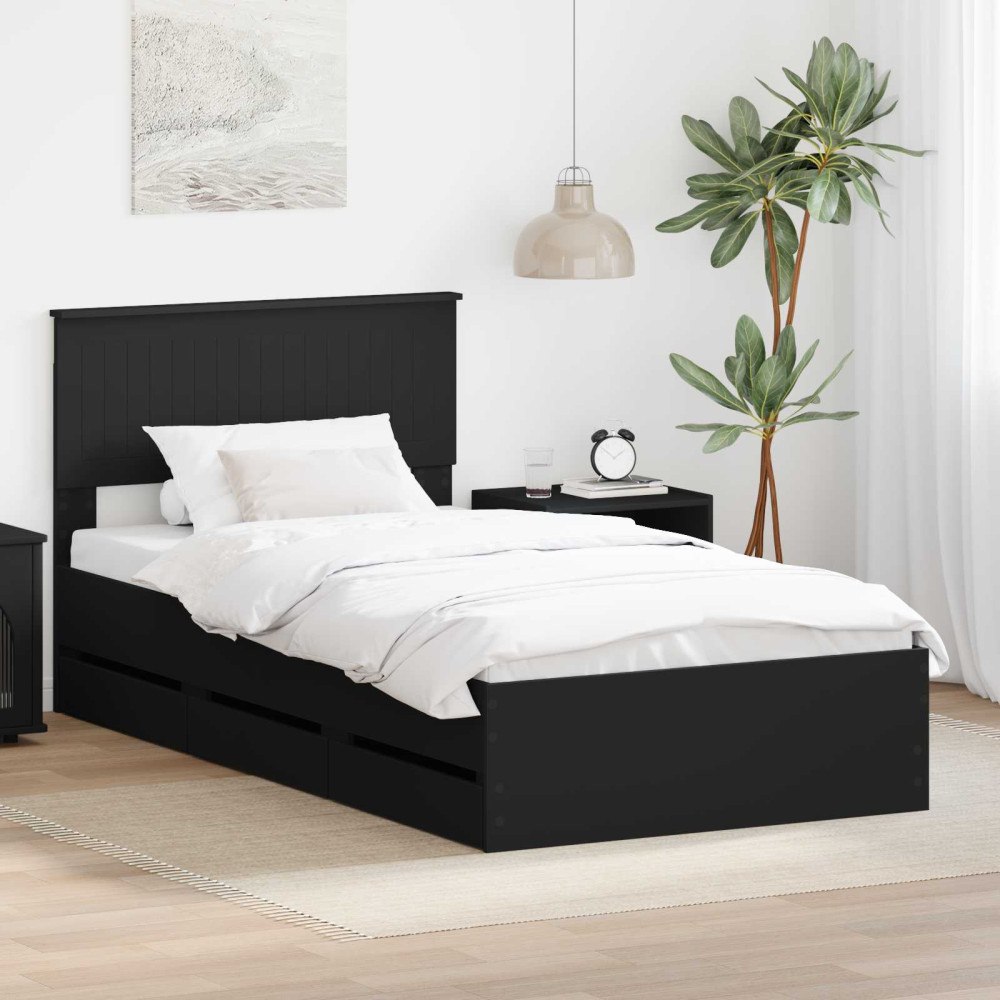 vidaXL Sängram med låda med huvudgavel Svart 100 x 200 cm Ingenjörsträ