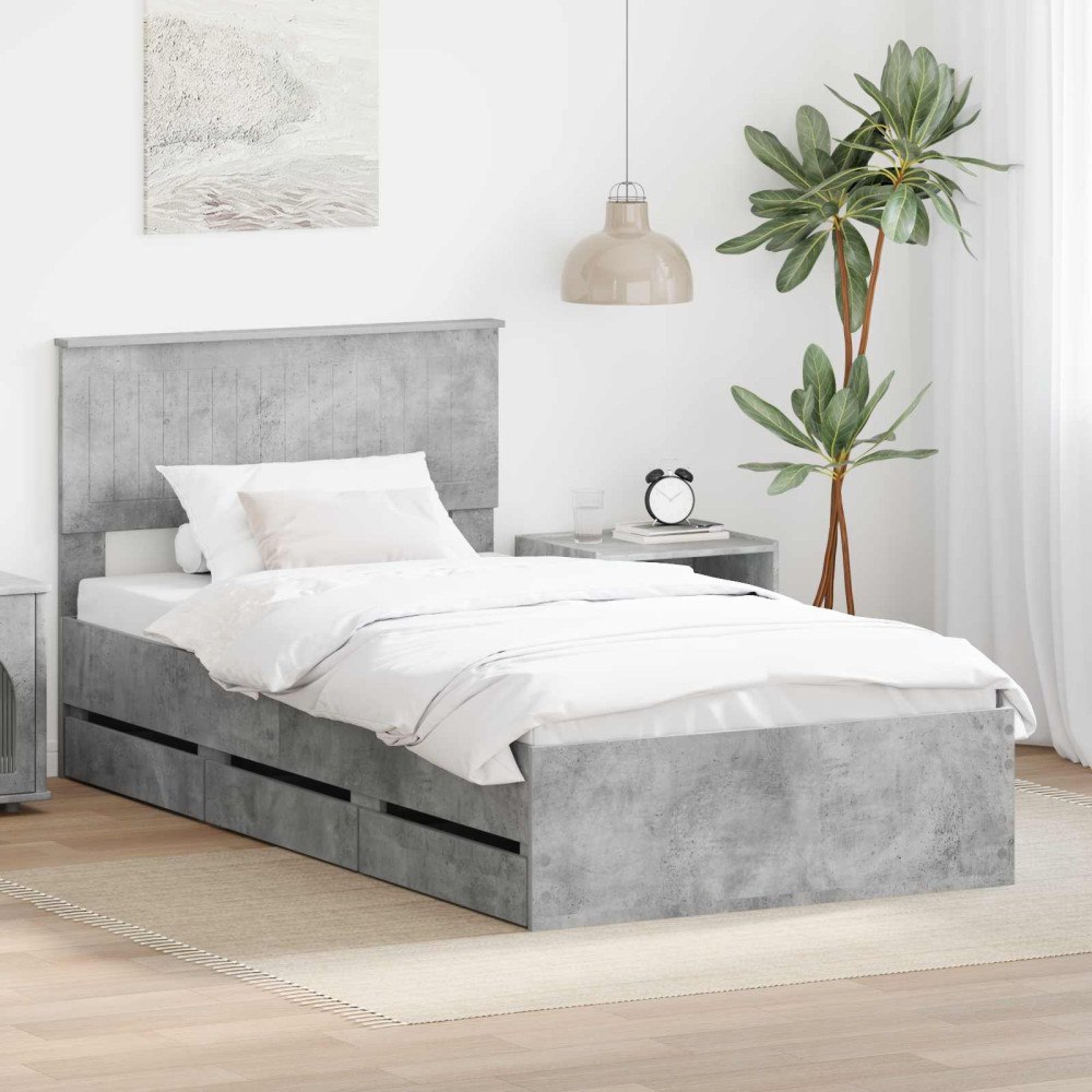 vidaXL Sängram med låda Betonggrå 100 x 200 cm Ingenjörsträ