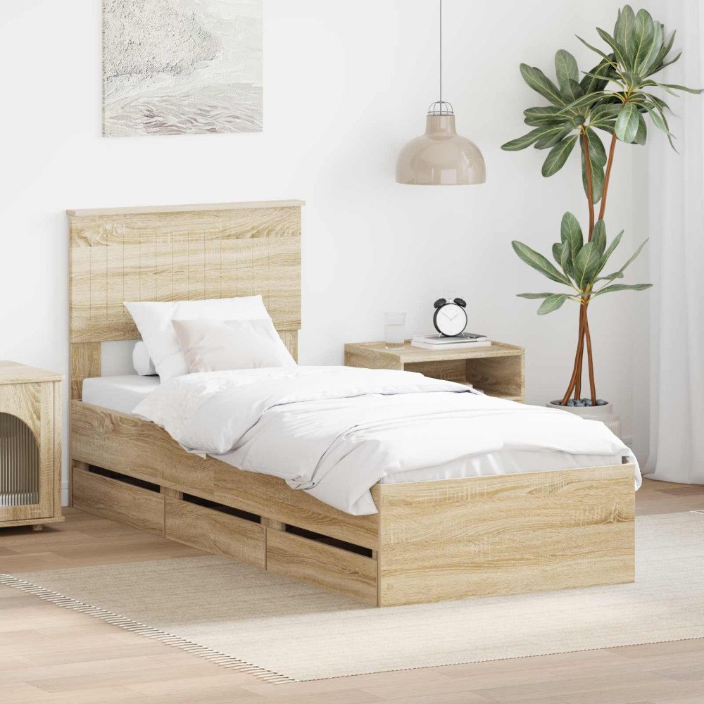 vidaXL Sängram med låda med lagring Sonoma-ek 75 x 190 cm Ingenjörsträ