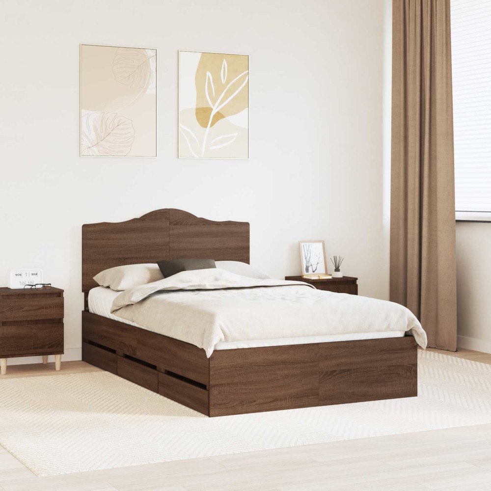 vidaXL Sängram med låda med lagring Brun Ek 135 x 190 cm Ingenjörsträ