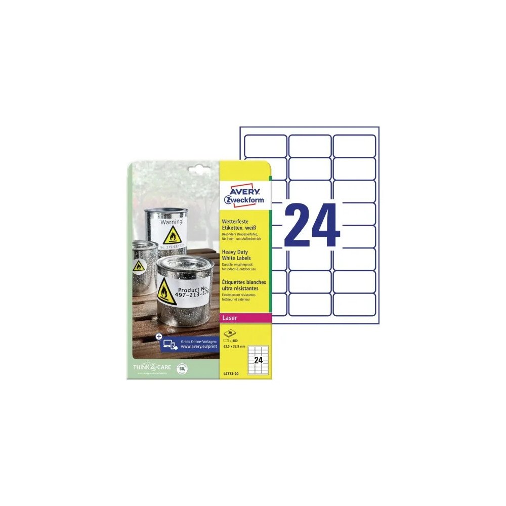AVERY Laseretikett Avery L4773-20 vattentät 63,5x33,8 mm vit Polye...