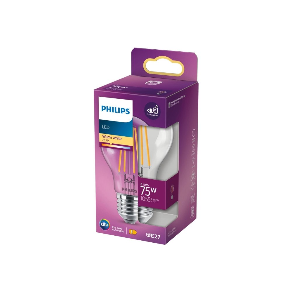 Philips Philips - LED-glödlampa - form: A60 - klar finish - E27 - 8.5 W - varmt vitt ljus - 2700 K