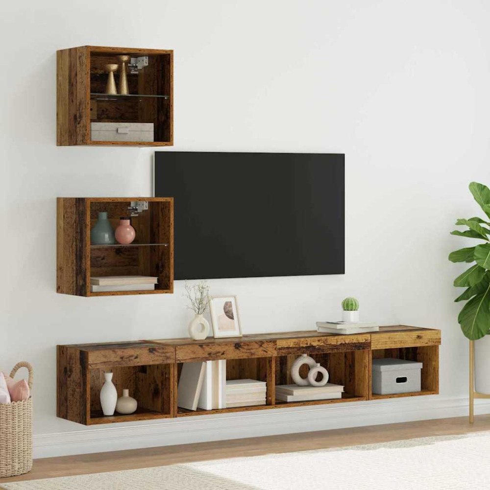vidaXL TV-väggenheter med LED 5 pcs Gammalt trä 100 x 30 x 30 cm