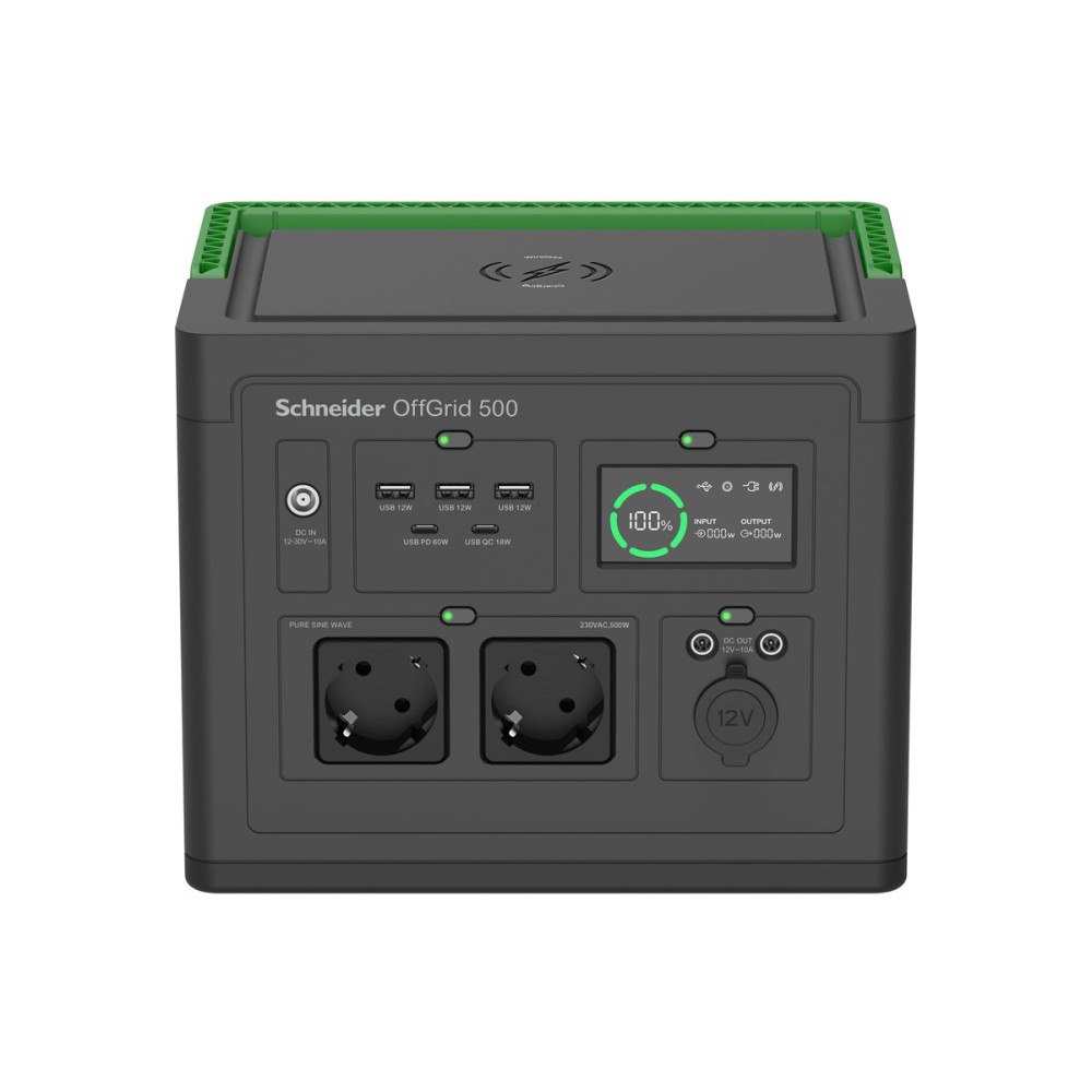 APC Schneider OffGrid 500 - bärbar kraftstation - LCD, litiumjon, 2 CEE 7/3 schuko uttag, sinusvåg, 3 USB-A, 2 USB-C, trådlö...