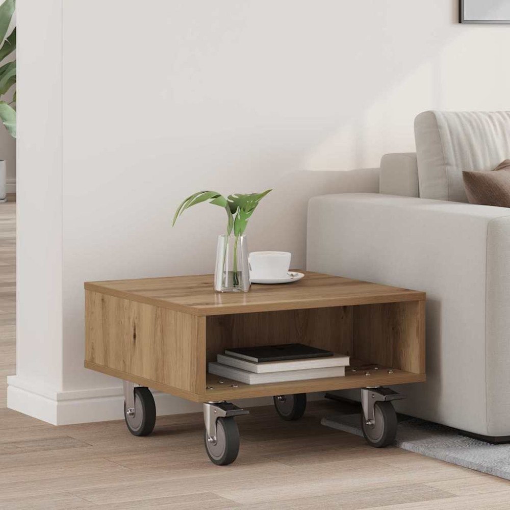 vidaXL Sido bord med hjul Artisan Ek 50,5 x 50 x 30 cm Konstruerat trä