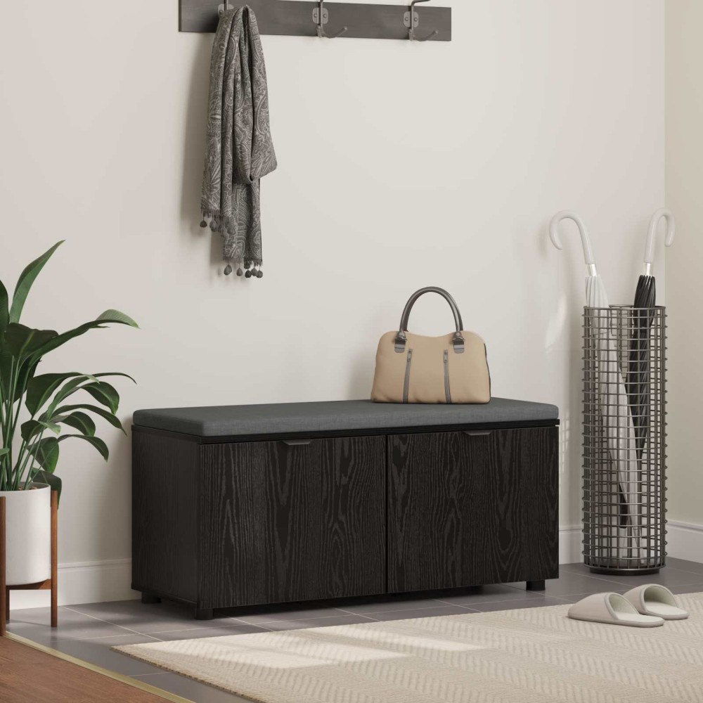 vidaXL Hallbänk med kudde med lagring Svart Ek 100 x 38 x 46 cm