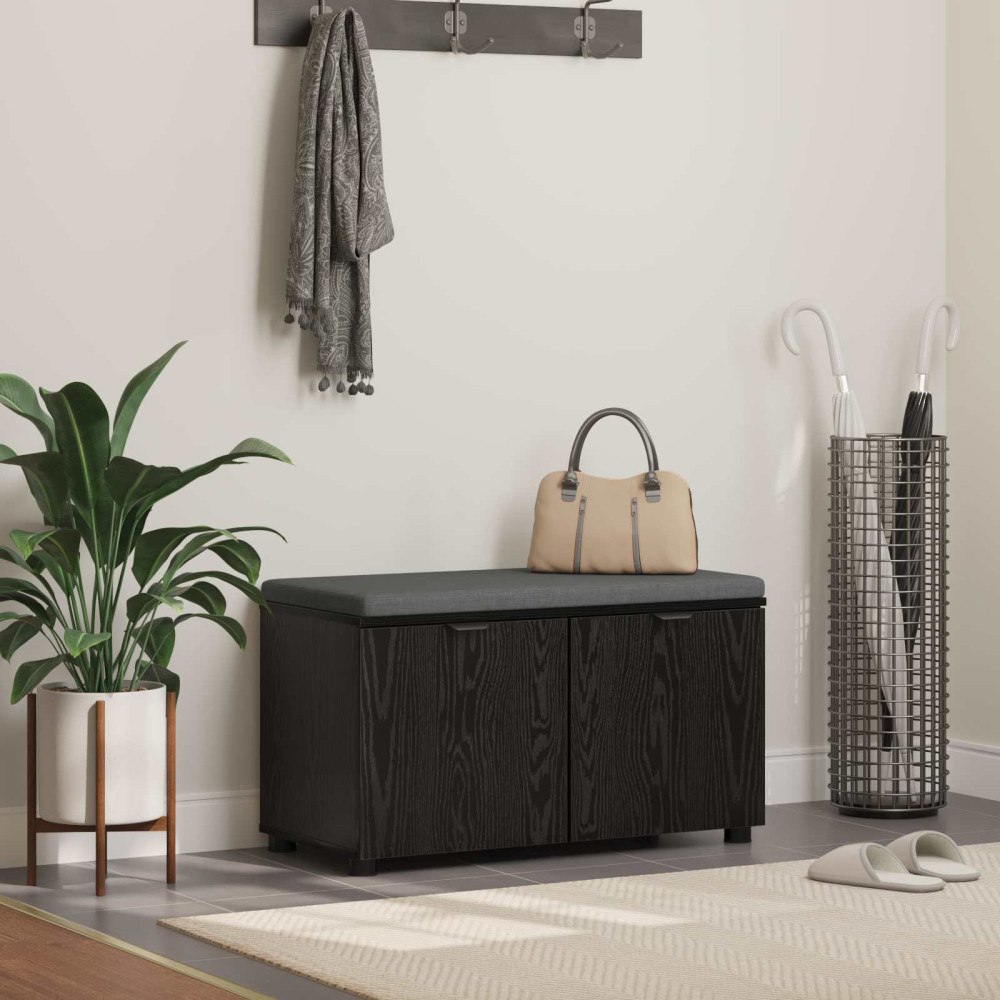 vidaXL Hallbänk med kudde med lagring Svart Ek 80 x 46 x 46 cm