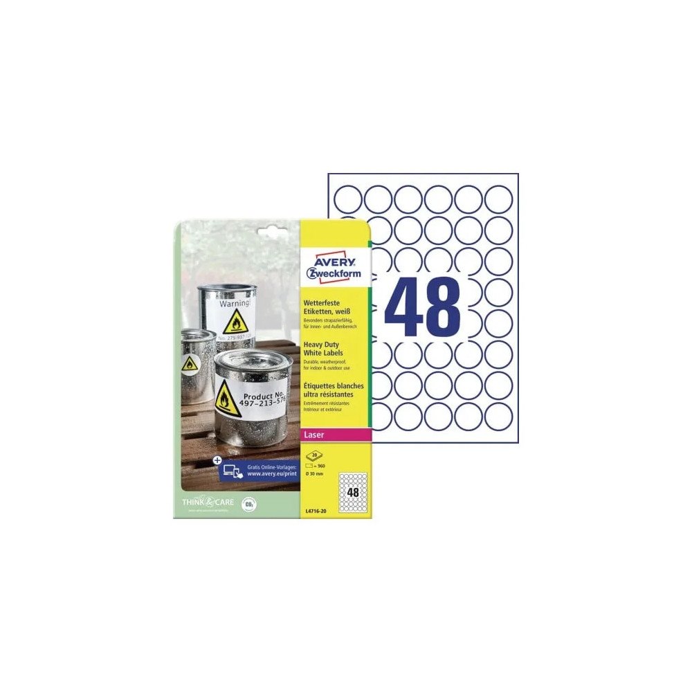 AVERY Etiketter Avery L4716-20 vit stark Ø30mm 48 st./ark 20 ark/p...