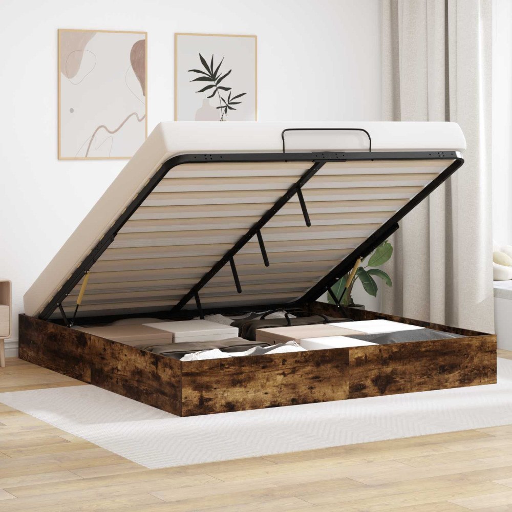 vidaXL Ottoman Sängram med lagring Rökt ek 193 x 120 x 25 cm Spånskiva
