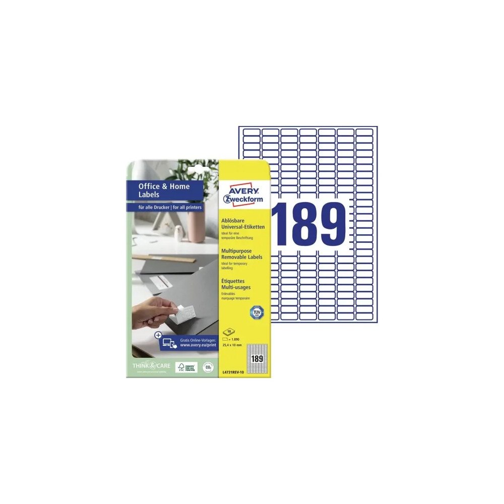 AVERY Avery L4731REV-10, 25,4 x 10 mm, A4, utan lack, vit Vit 327x...