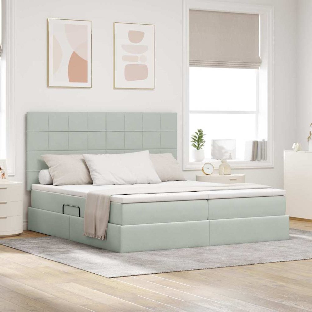 vidaXL Förvaringssäng med madrass Ljusgrå 200 x 200 cm Sammet