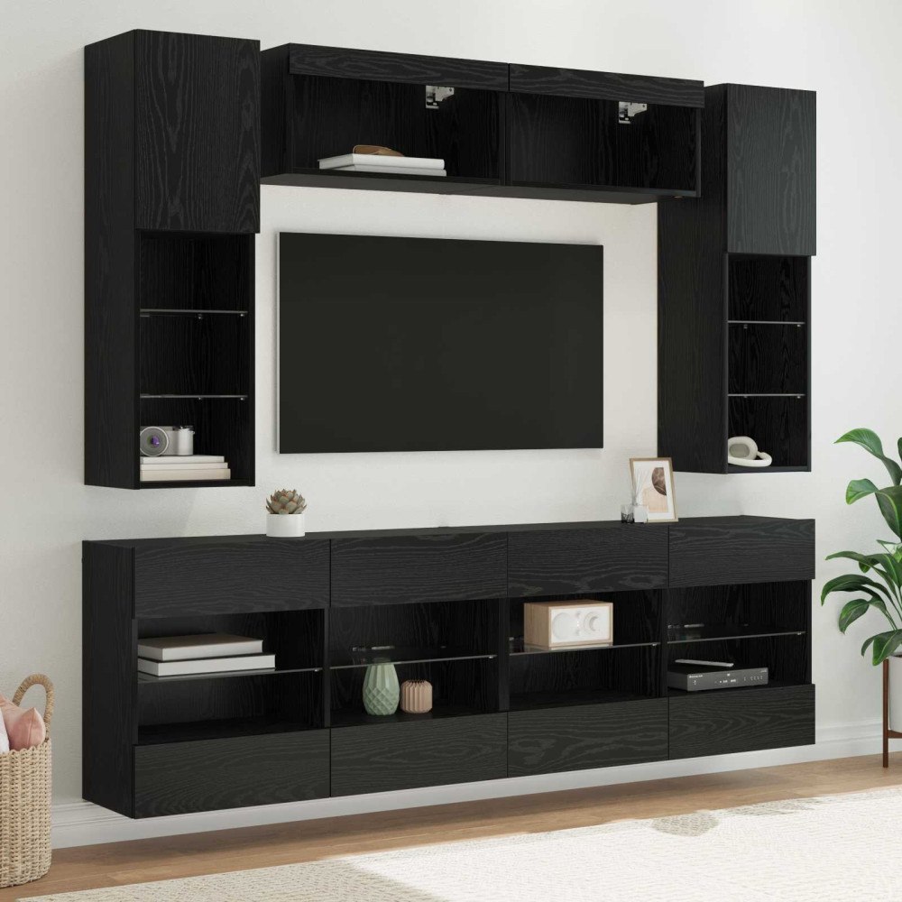 vidaXL TV väggskåp set med led 6 pcs Svart Ek Konstruerat trä