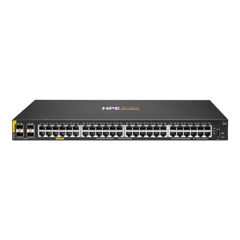 Hewlett Packard Enterprise HPE Aruba Networking CX 6000 48p 10M/100M/1G Class4 PoE 4p SFP 1G 370W Switch - switch - 48 portar - Administrerad - rac...
