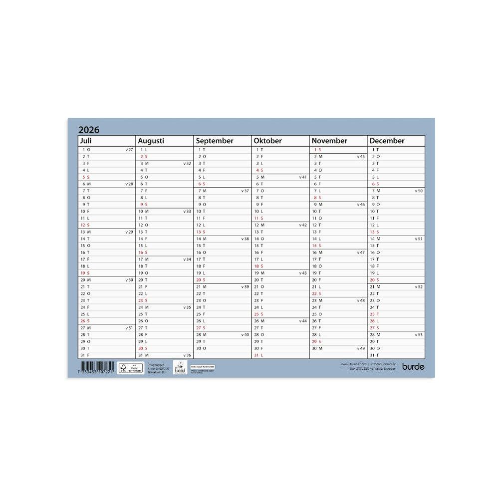 Burde Väggkalender Väggblad A4 26/27