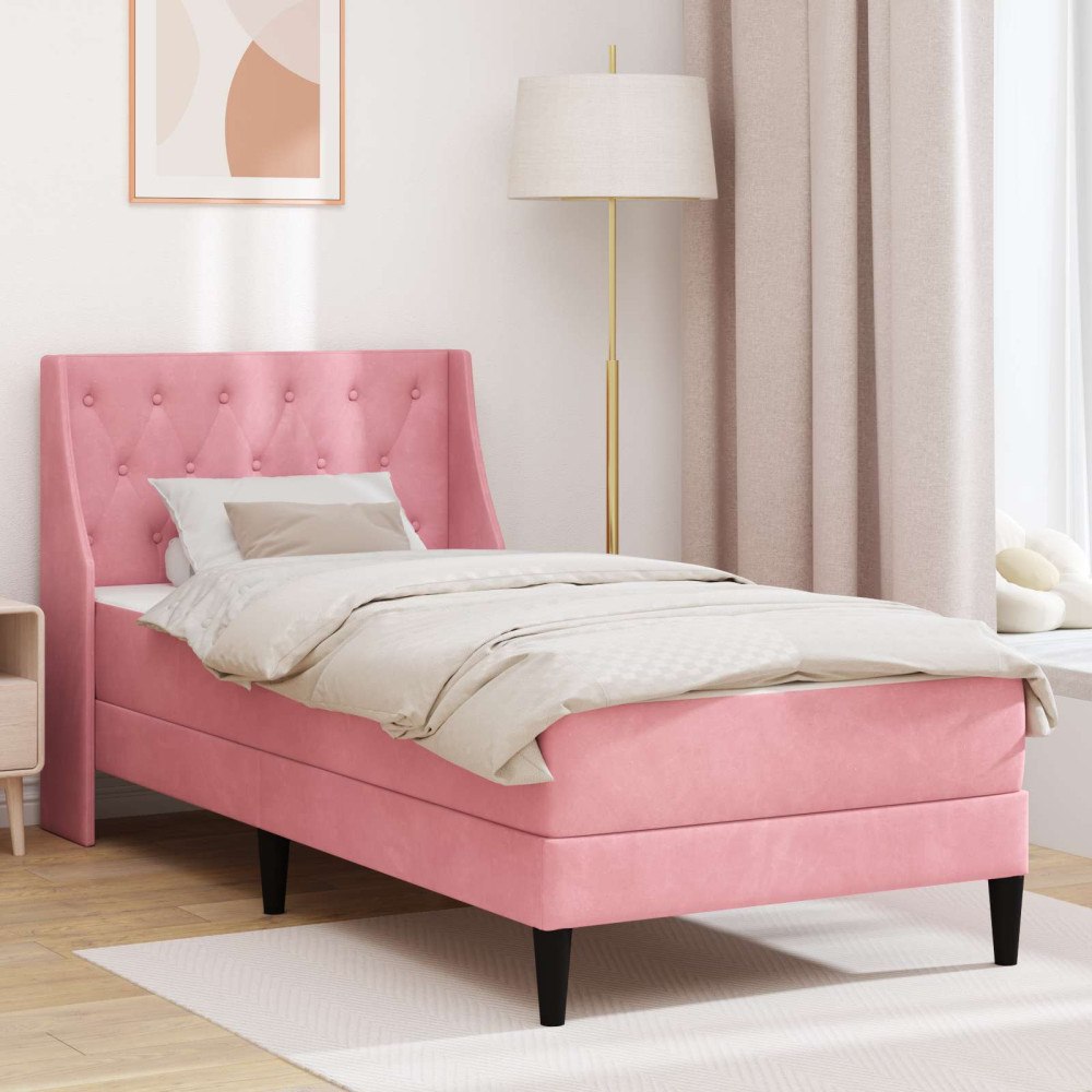 vidaXL Sängram med madrass med madrass Rosa 90 x 190 cm Sammet