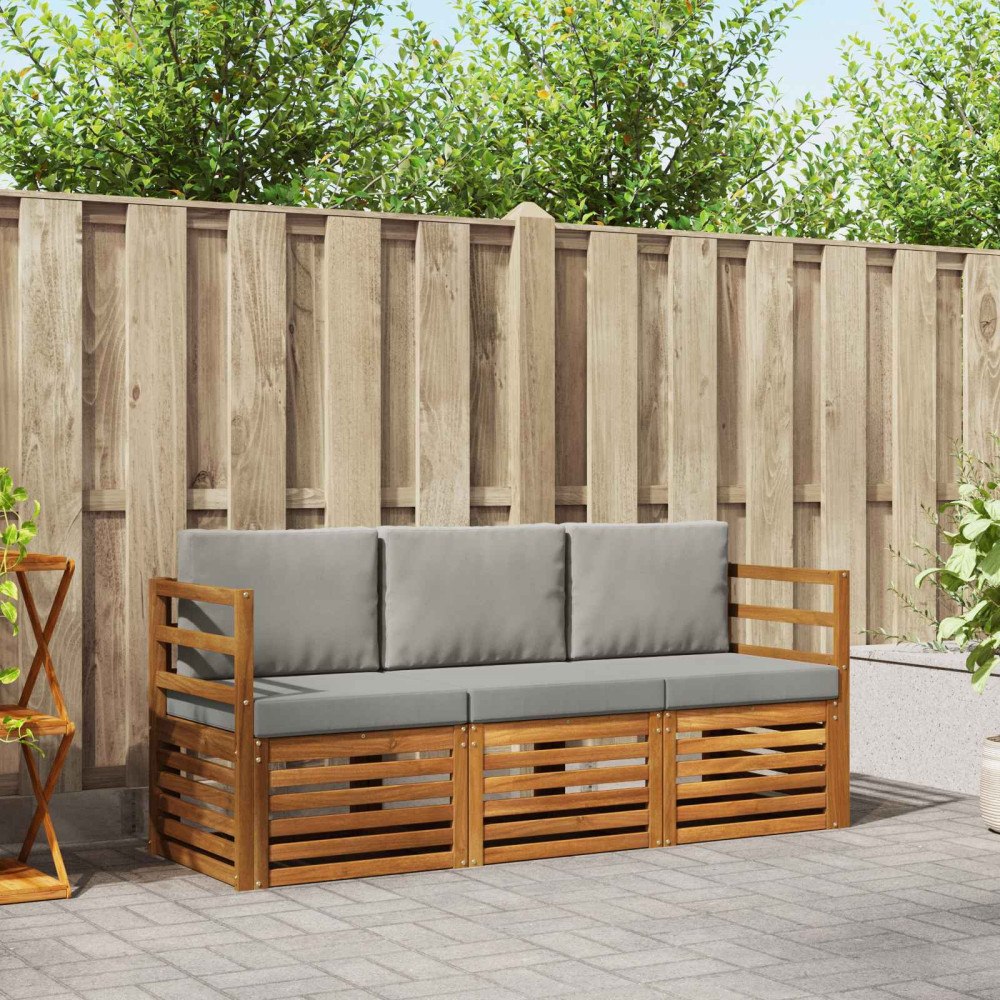 vidaXL Soffgrupper 3 pcs Naturlig och Ljus Grå Massivt Akaciaträ