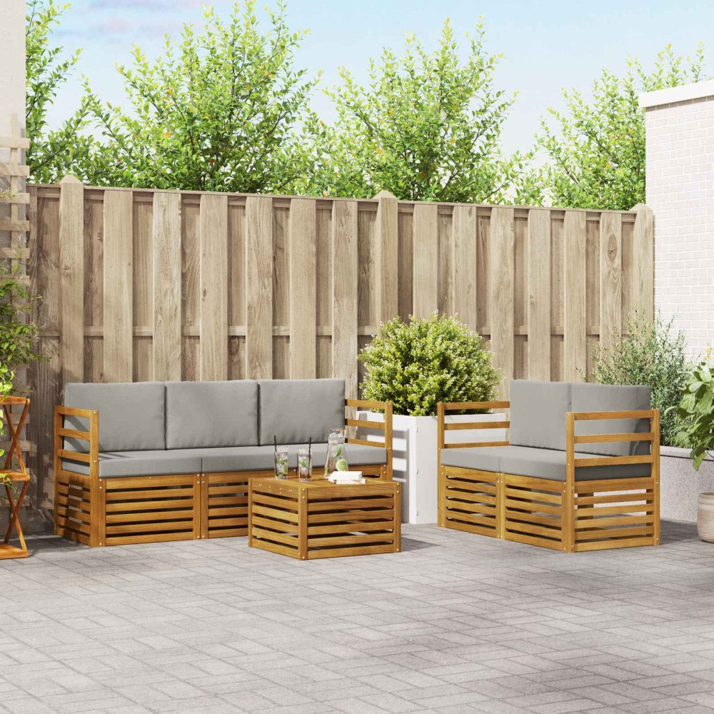 vidaXL Soffgrupper 6 pcs Naturlig och Ljus Grå Massivt Akaciaträ