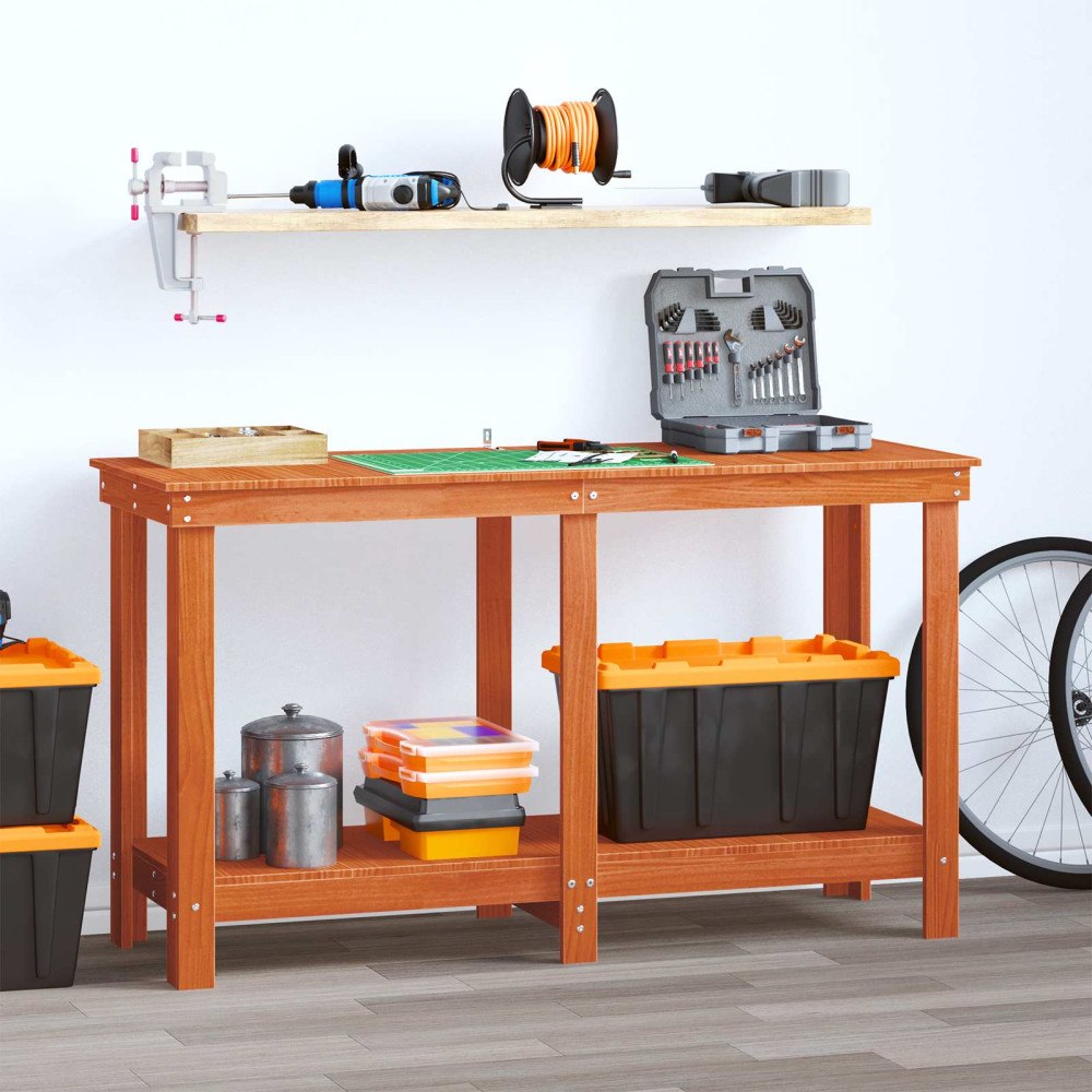 vidaXL Arbetsbänk med hylla VaxBrun 140 x 50 x 80 cm Massivt furu