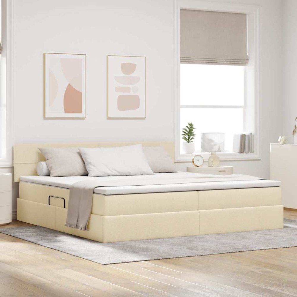 vidaXL Förvaringssäng med madrass Kräm 200 x 200 cm Konstruerat trä