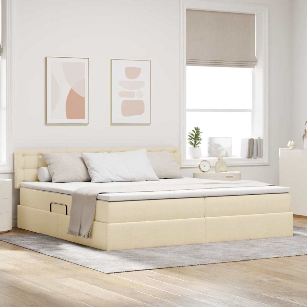 vidaXL Förvaringssäng med madrass Kräm 200 x 200 cm Konstruerat trä