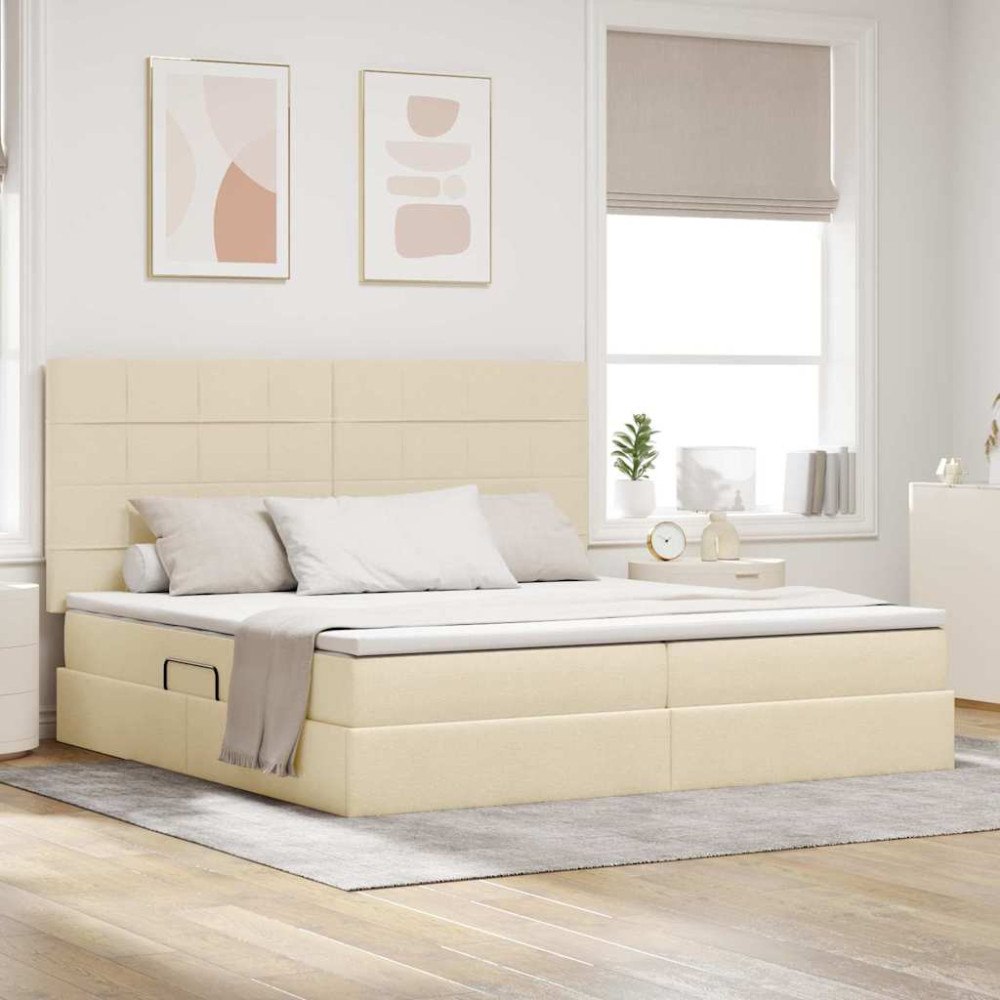 vidaXL Förvaringssäng med LED med madrass Kräm 200 x 200 cm Polyester