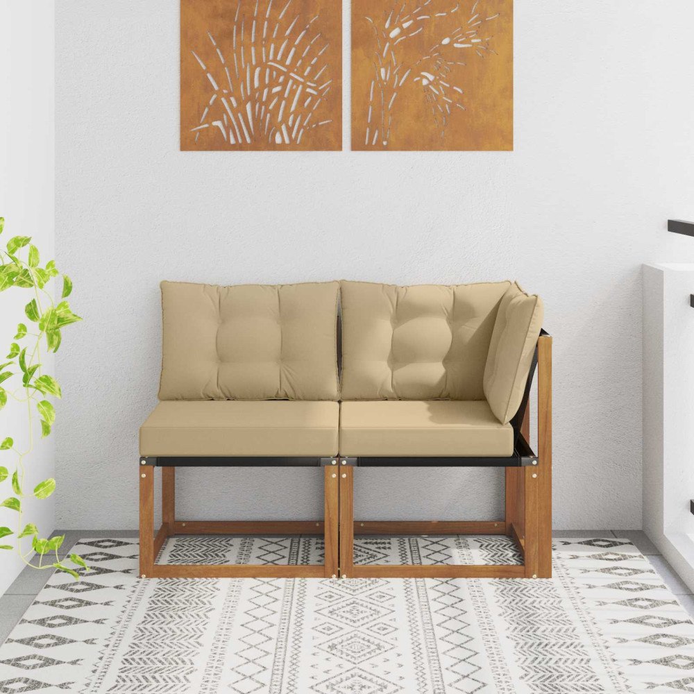 vidaXL Modulsoffa utomhus mitt och hörn med kudde 2 Stycke Naturfärg