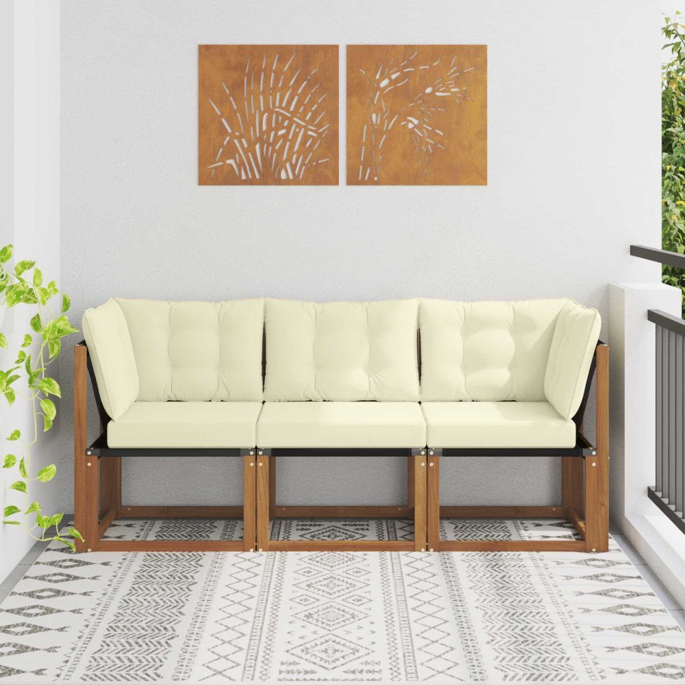 vidaXL Modulsoffa utomhus mitt och hörn med kudde 3 Stycke Naturfärg