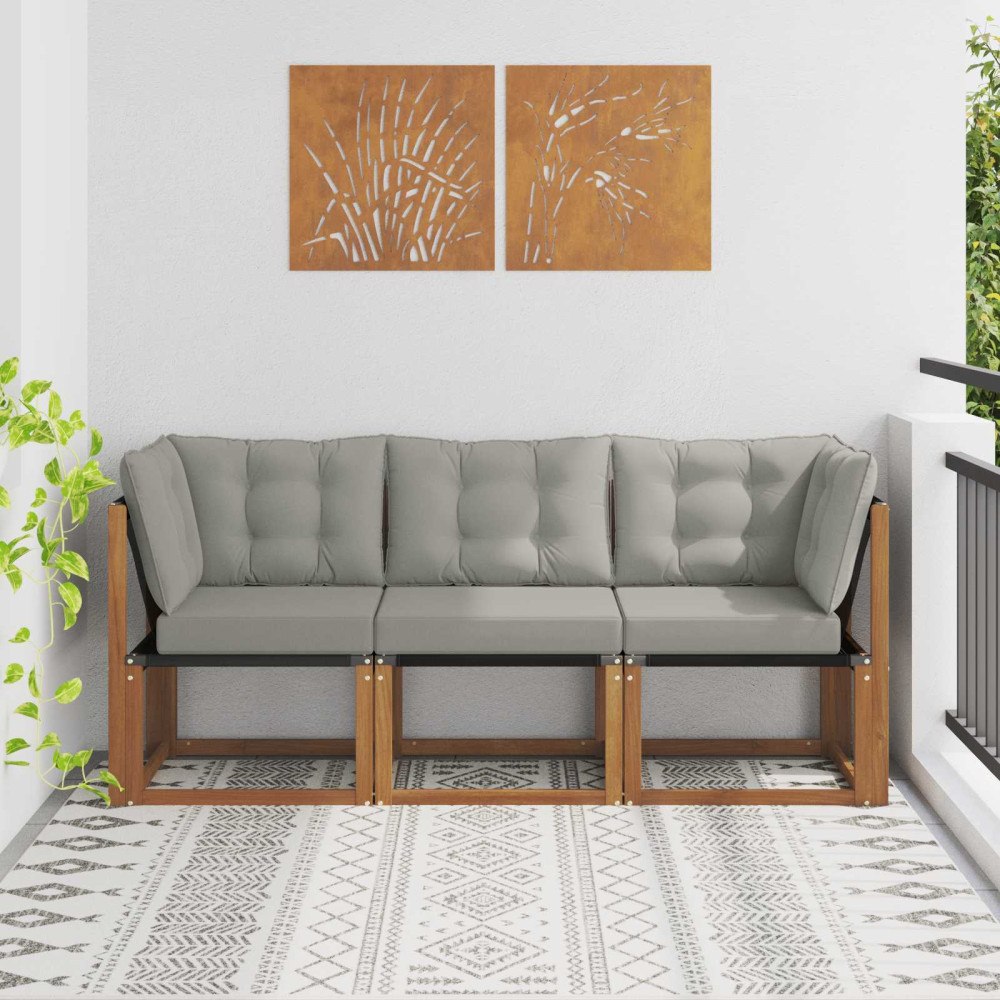 vidaXL Modulsoffa utomhus mitt och hörn med kudde 3 Stycke Naturfärg