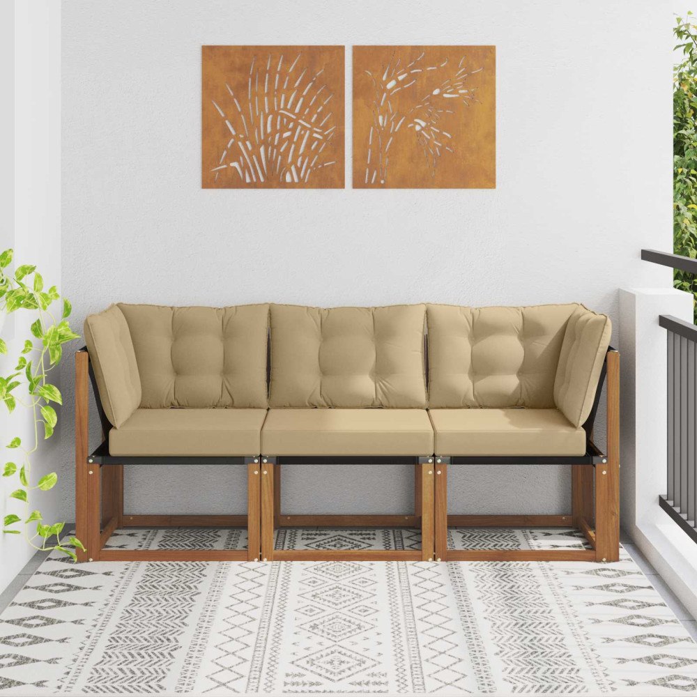 vidaXL Modulsoffa utomhus mitt och hörn med kudde 3 Stycke Naturfärg