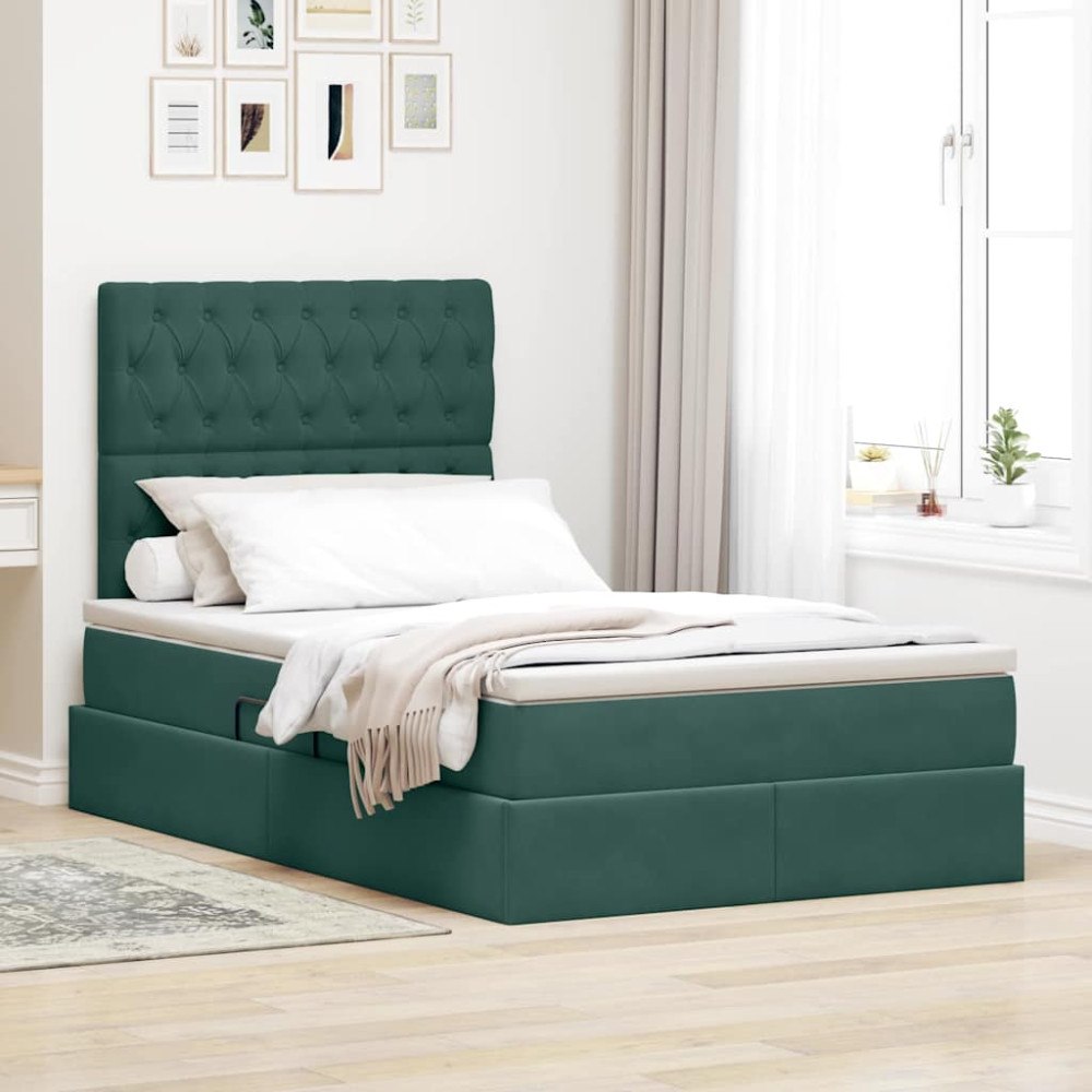 vidaXL Förvaringssäng med LED med madrass Mörkgrön 120 x 190 cm Sammet