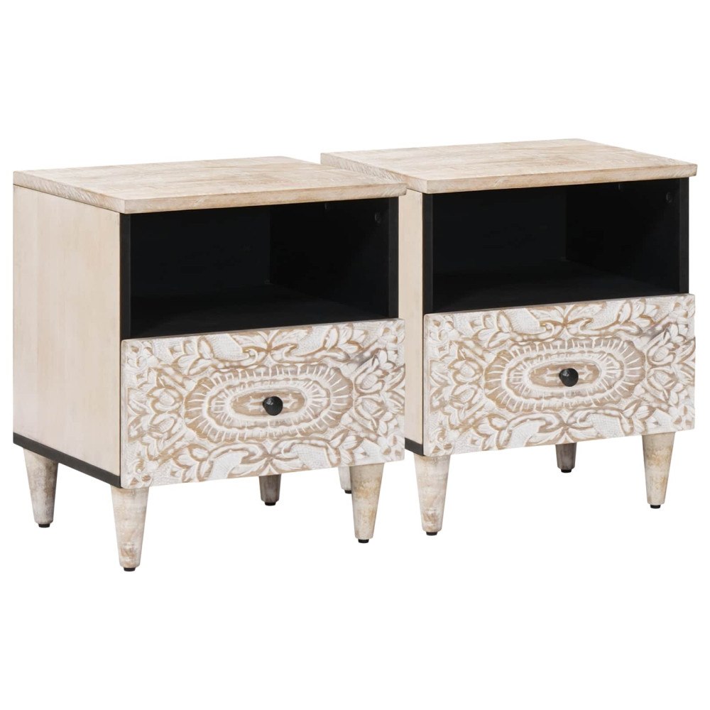 vidaXL Sängskåp med låda 2 pcs Vit 40 x 33 x 46 cm Massivt mangoträ
