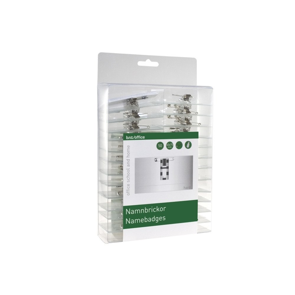 BNT Navneskilte 40x75 mm med clip, nål & indstik