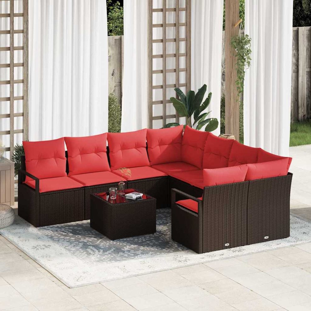 vidaXL Soffset med kudde 9 pcs Brun och Röd konstrotting