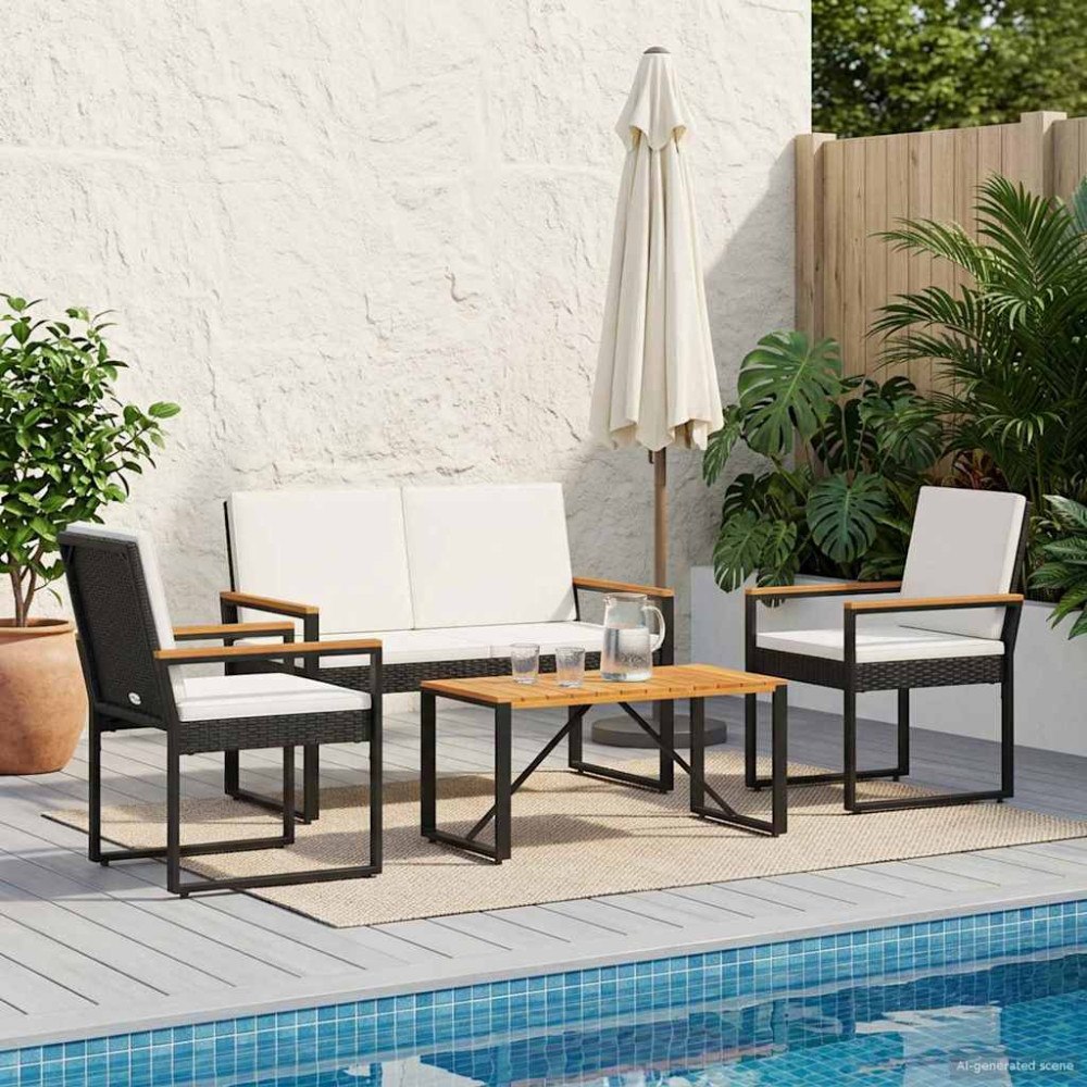 vidaXL Utemöbelset med kudde 4 pcs Svart och krämvit konstrotting