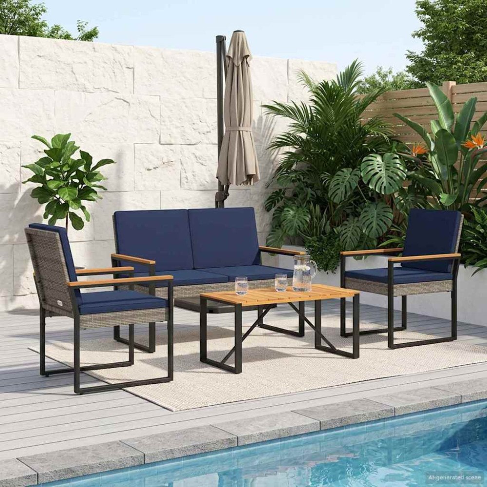 vidaXL Utemöbelset med kudde 4 pcs Grå och Marinblå konstrotting